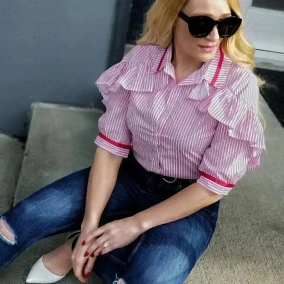 CHIC DOLLZ Stripes & Ruffles Button Down Top - Picture 2 of 4